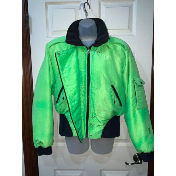 Vintage Nils Neon Green Womens Ski Jacket Size 10 Warm Retro Style With Zipper P - Picture 3 of 10